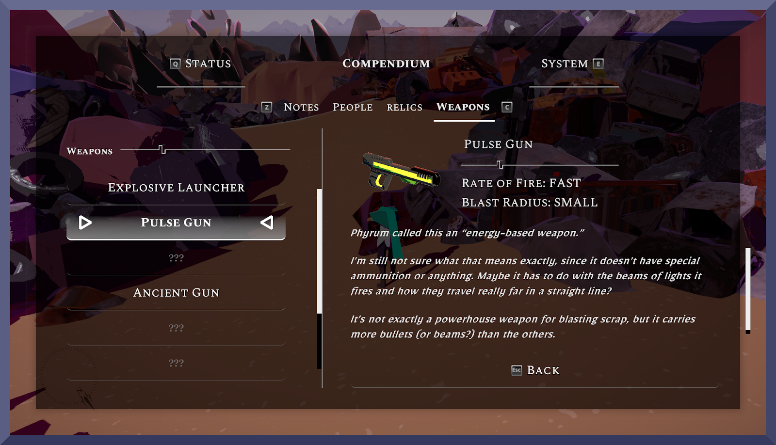 Screenshot image of the "Pulse Gun" page from the game "Desert Angels"