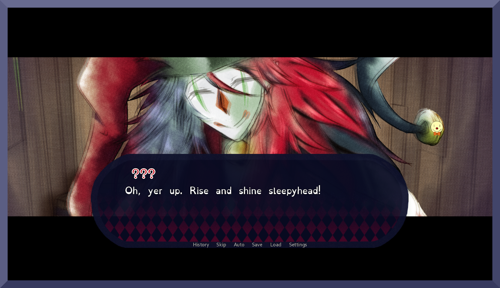 Decorated screenshot of blurry jester from "Trapped with Jester."