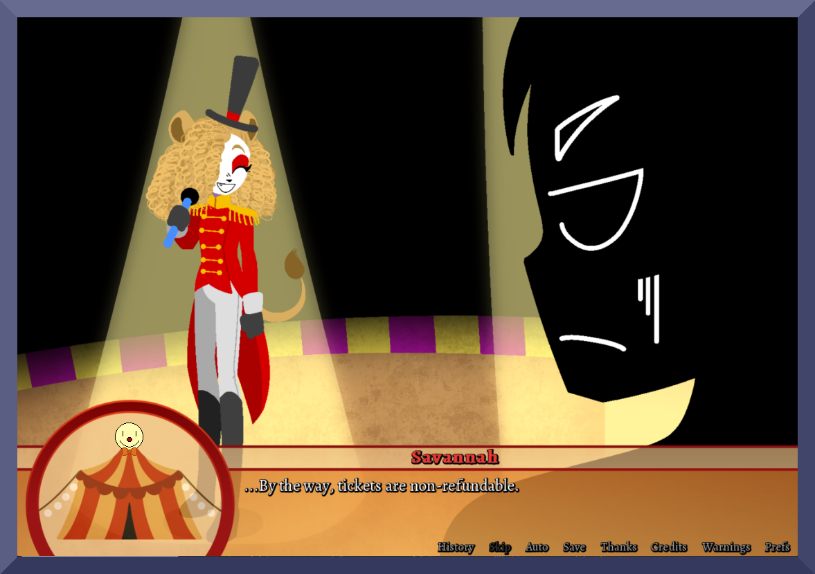 Decorated screenshot of Savannah and a circus viewer from "Semiaquatic Circus."