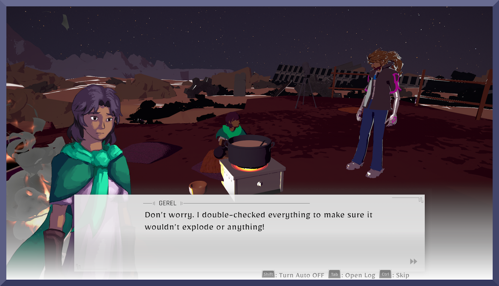 Screenshot of Gerel and Phyrum cooking in "Desert Angels"