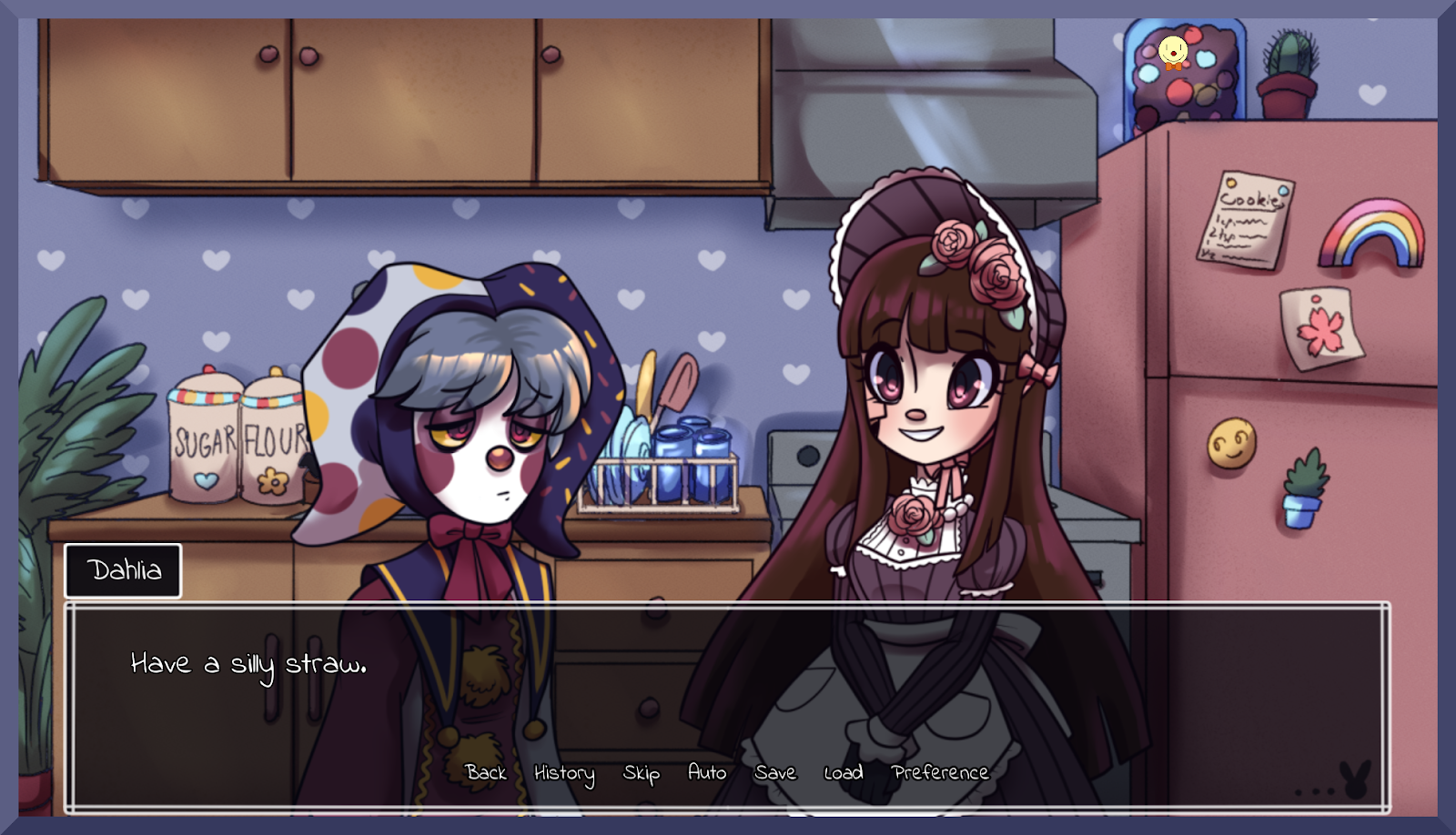 Decorated screenshot of Huxley and Dahlia in a kitchen from "Don't Toy With Me."