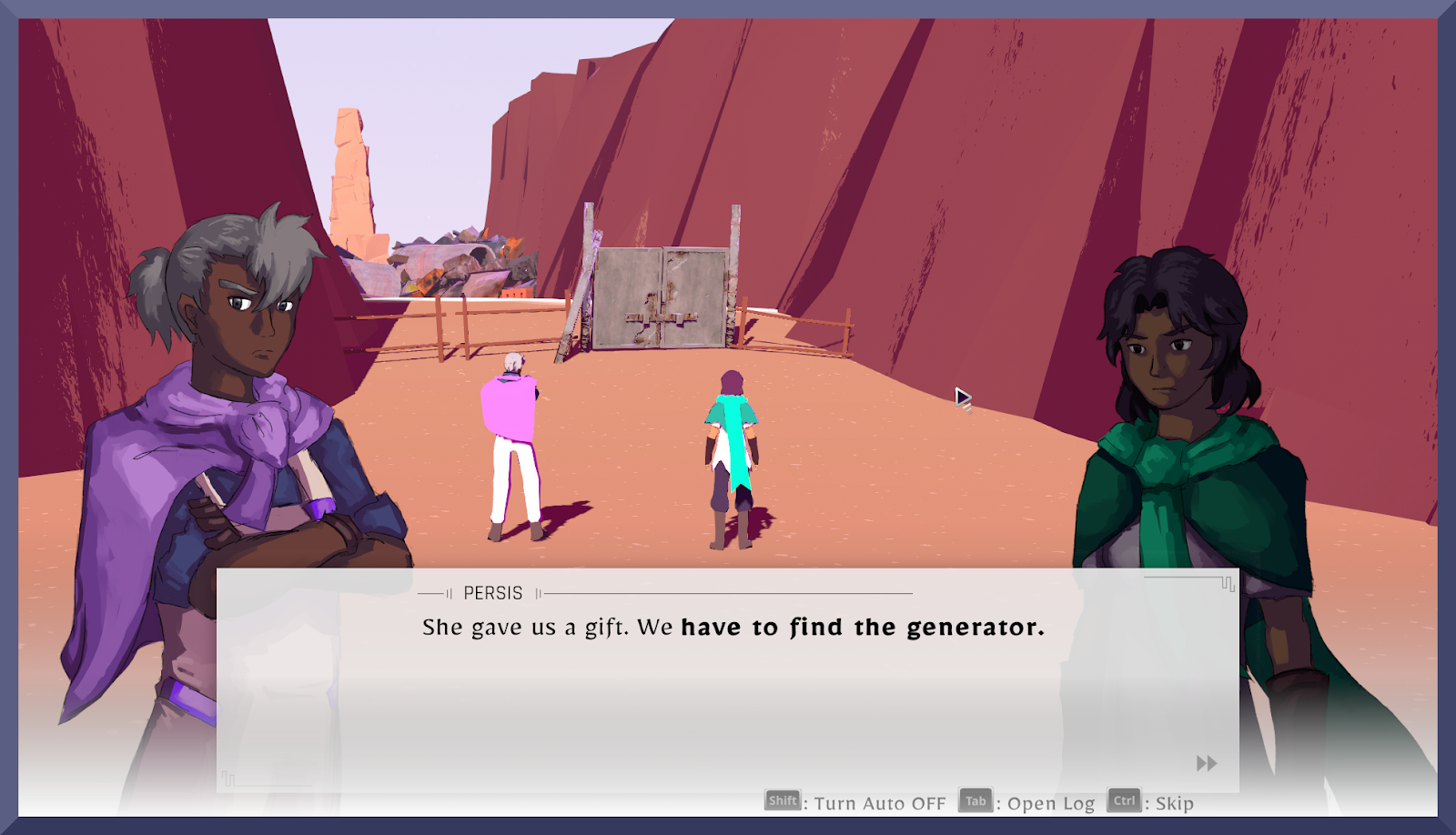 Screenshot of dialogue between Persis and Gerel from the game "Desert Angels"